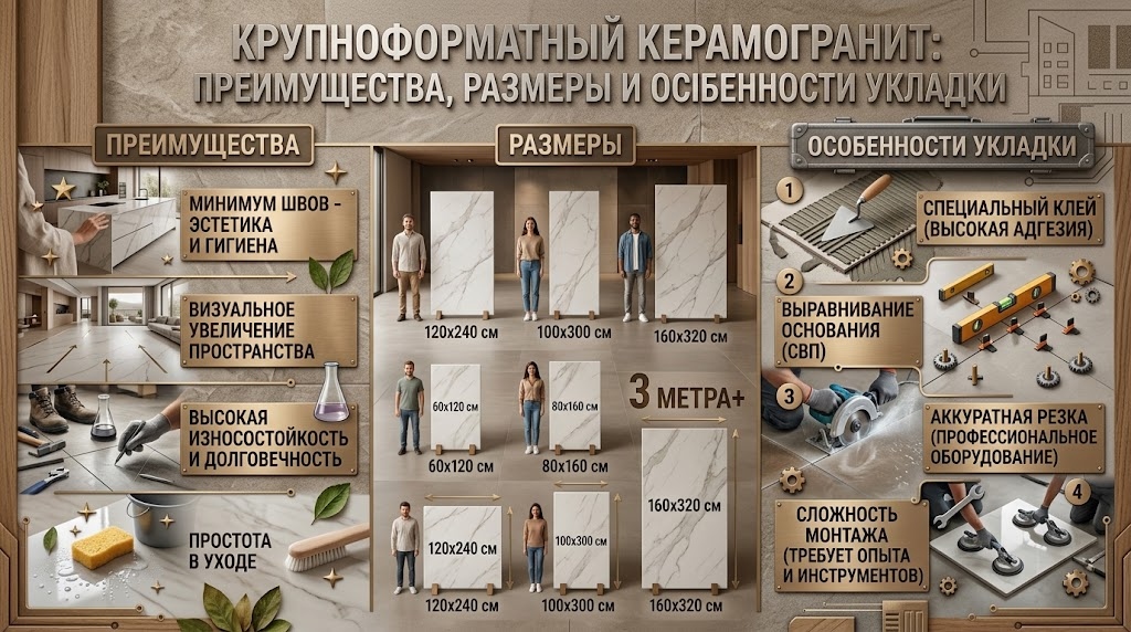 Крупноформатный керамогранит: преимущества, размеры и особенности укладки